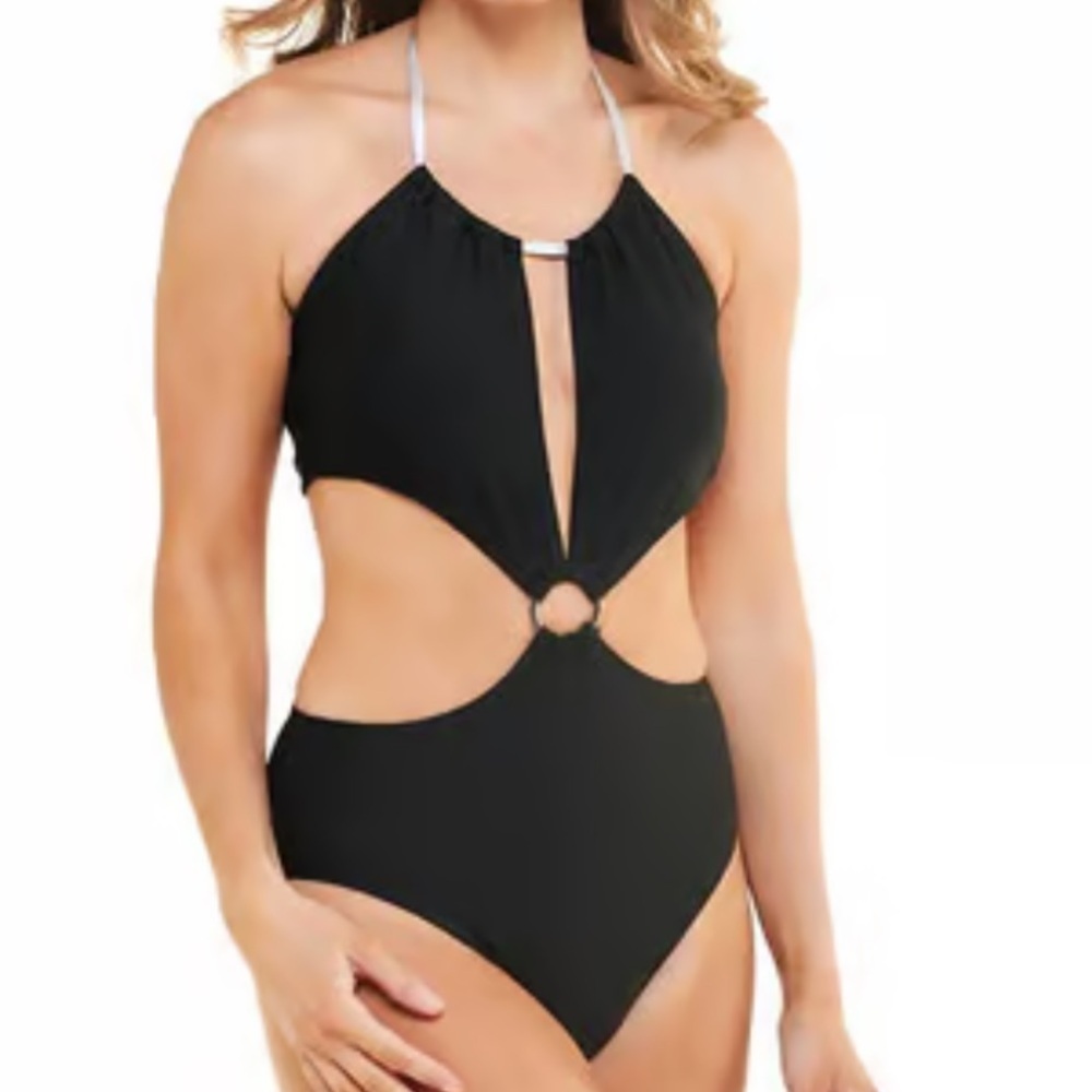Tahari Women's Cutout Swimsuit Black with Silver Strings Size XL - Picture 3 of 8